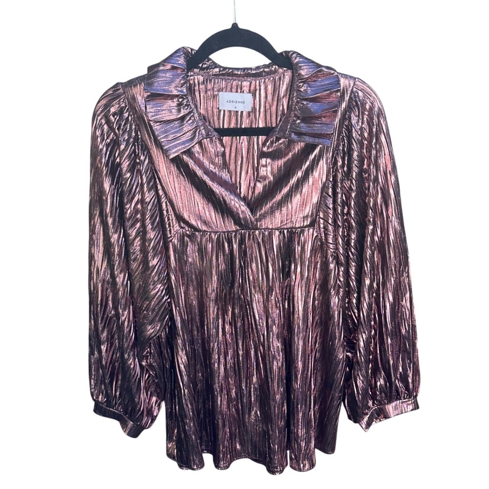 Adrienne Morgan Metallic Rose Gold Plisse Ruffle Collar Blouse Medium Copper Top